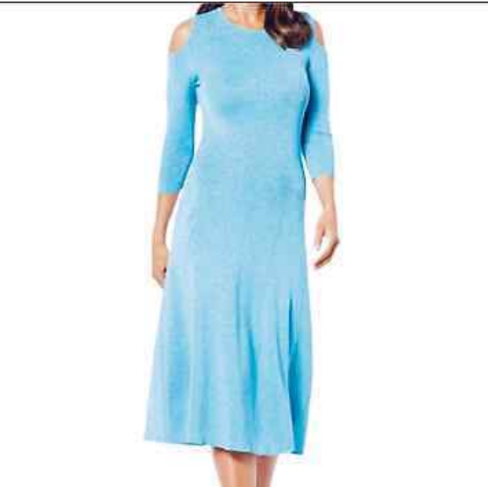 EVA MENDES blue metallic thread cold shoulder dress. 2X